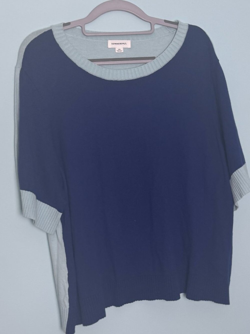 Summersalt 1X 2-tone blue short sleeve cotton/cashmere blend sweater